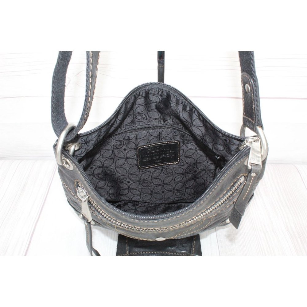 Fossil Black Leather Zip Top Crossbody Purse Shoulder Bag - Picture 7 of 9